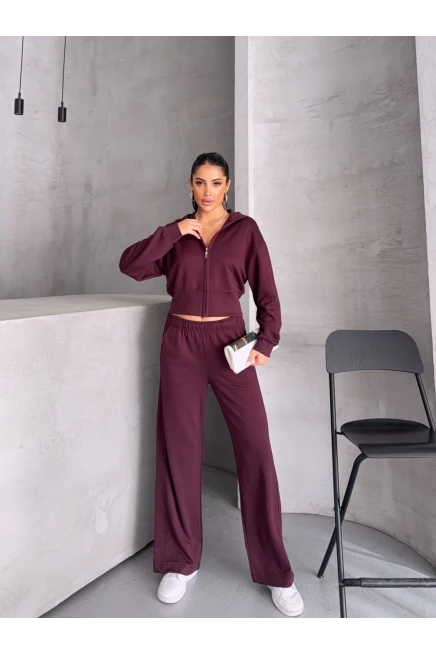 Modal Kumaş Crop Üst Eşofman Takım Bordo