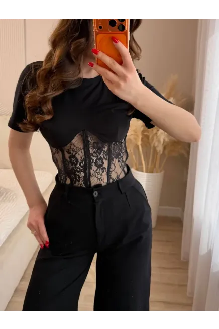 Modal Kumaş Dantel Detay Sırt Bağlamalı Bluz