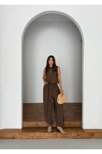 Modal Kumaş Kolsuz Bluz Şalvar Pantalon Alt Üst Takım Kahve