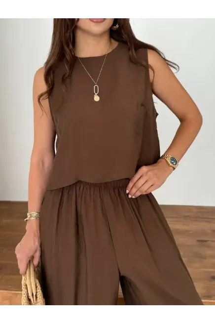 Modal Kumaş Kolsuz Bluz Şalvar Pantalon Alt Üst Takım Kahve