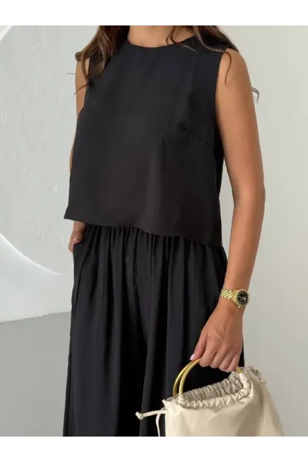 Modal Kumaş Kolsuz Bluz Şalvar Pantalon Alt Üst Takım Siyah