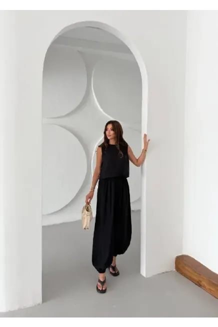 Modal Kumaş Kolsuz Bluz Şalvar Pantalon Alt Üst Takım Siyah