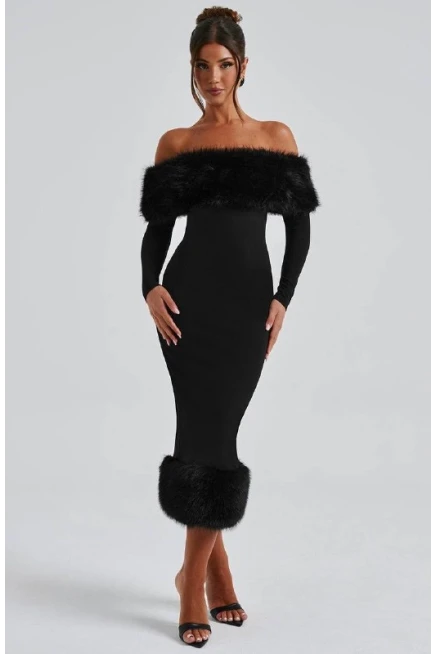 Modal Kumaş Kürk Detaylı Maxi Elbise