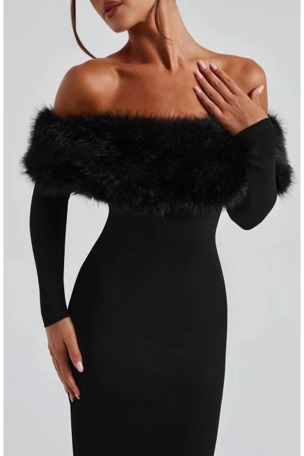 Modal Kumaş Kürk Detaylı Maxi Elbise