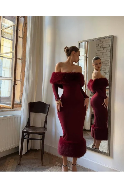 Modal Kumaş Kürk Detaylı Maxi Elbise