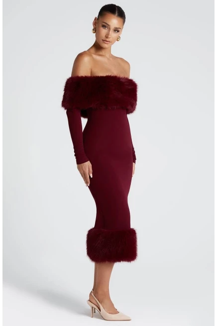 Modal Kumaş Kürk Detaylı Maxi Elbise