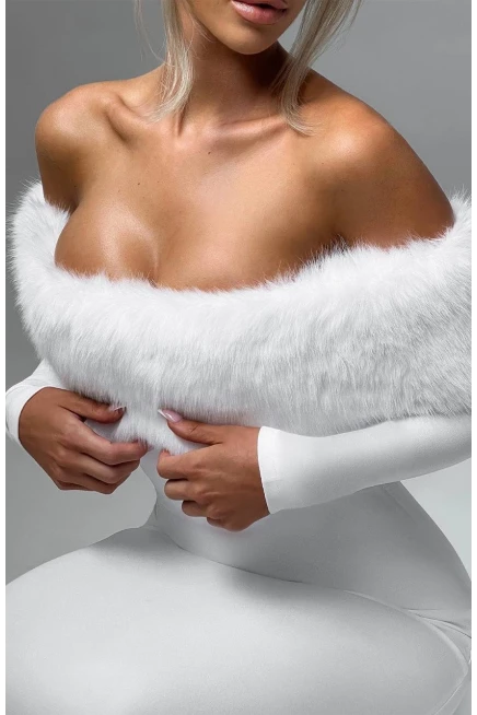 Modal Kumaş Kürk Detaylı Maxi Elbise Beyaz