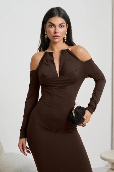 Modal Kumaş Likralı Aksesuar Detay Maxi Elbise