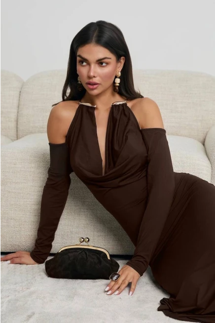 Modal Kumaş Likralı Aksesuar Detay Maxi Elbise