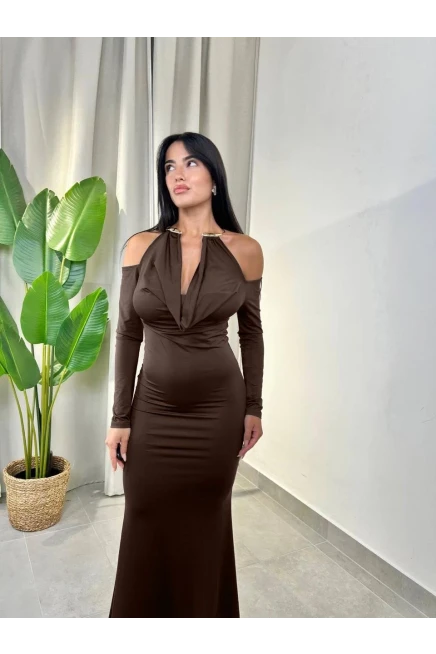 Modal Kumaş Likralı Aksesuar Detay Maxi Elbise