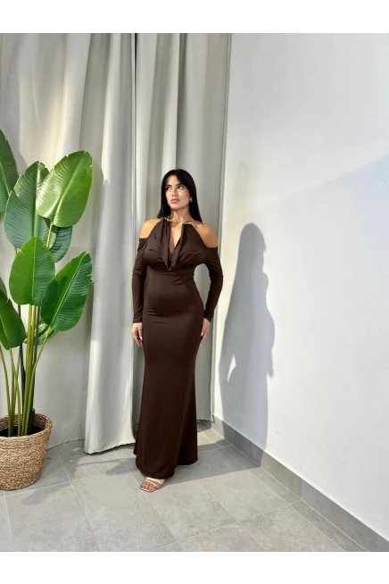 Modal Kumaş Likralı Aksesuar Detay Maxi Elbise