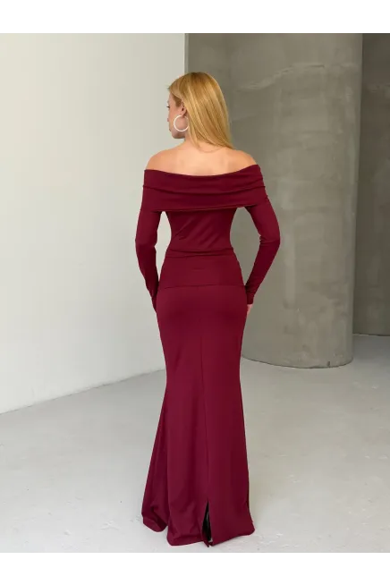 Modal Kumaş Likralı Çiçek Aksesuarlı Maxi Boy Elbise Bordo