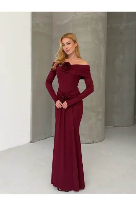 Modal Kumaş Likralı Çiçek Aksesuarlı Maxi Boy Elbise Bordo