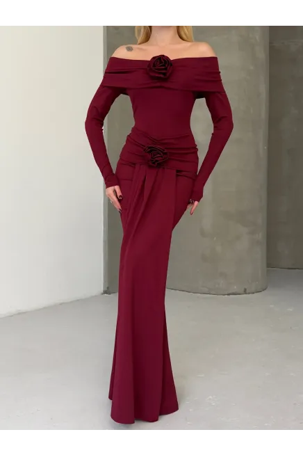 Modal Kumaş Likralı Çiçek Aksesuarlı Maxi Boy Elbise Bordo