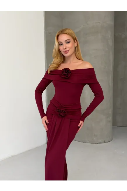 Modal Kumaş Likralı Çiçek Aksesuarlı Maxi Boy Elbise Bordo