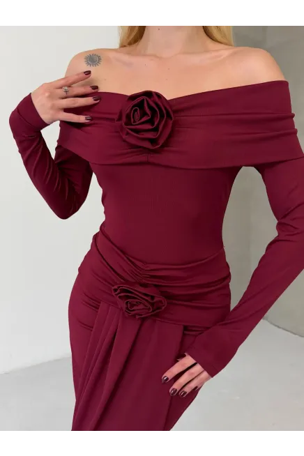 Modal Kumaş Likralı Çiçek Aksesuarlı Maxi Boy Elbise Bordo