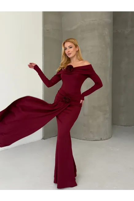 Modal Kumaş Likralı Çiçek Aksesuarlı Maxi Boy Elbise Bordo