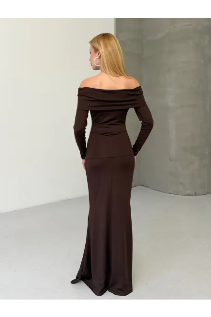 Modal Kumaş Likralı Çiçek Aksesuarlı Maxi Boy Elbise Kahve