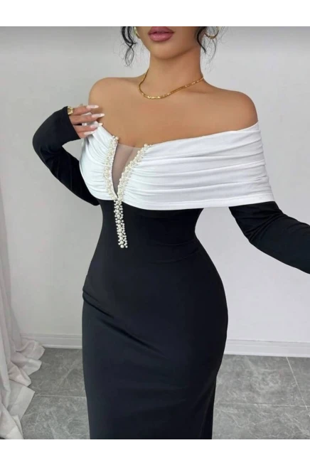 Modal Kumaş Likralı İnci Detaylı Maxi Boy Elbise