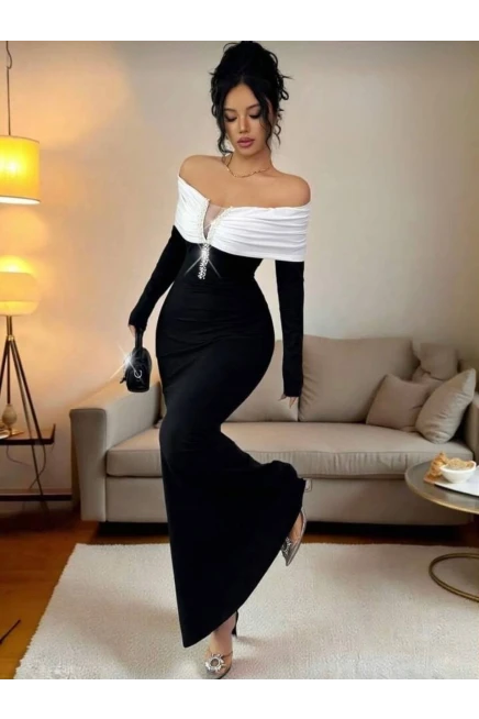 Modal Kumaş Likralı İnci Detaylı Maxi Boy Elbise