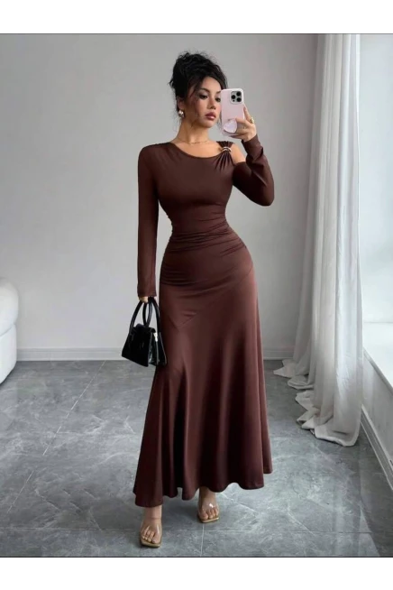 Modal Kumaş Metal Aksesuar Detay Drapeli Maxi Boy Elbise