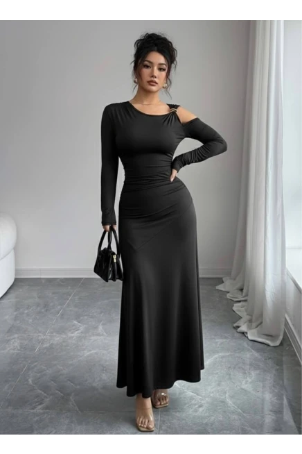 Modal Kumaş Metal Aksesuar Detay Drapeli Maxi Boy Elbise