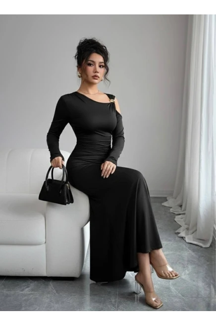 Modal Kumaş Metal Aksesuar Detay Drapeli Maxi Boy Elbise