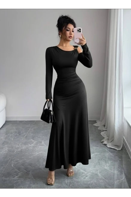 Modal Kumaş Metal Aksesuar Detay Drapeli Maxi Boy Elbise