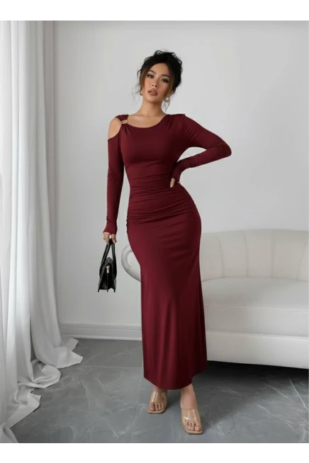 Modal Kumaş Metal Aksesuar Detay Drapeli Maxi Boy Elbise