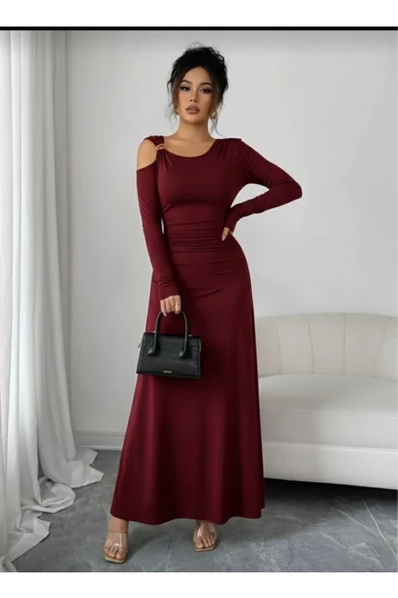 Modal Kumaş Metal Aksesuar Detay Drapeli Maxi Boy Elbise