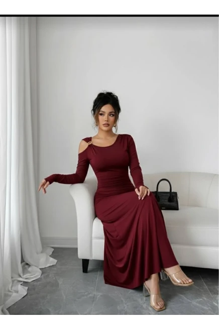 Modal Kumaş Metal Aksesuar Detay Drapeli Maxi Boy Elbise