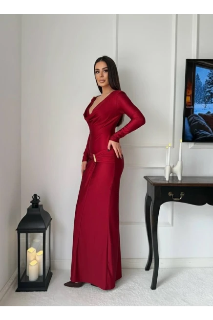 Modal Kumaş Metal Aksesuar Detay Maxi Elbise