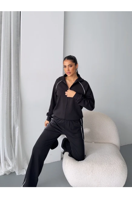 Modal Kumaş Şerit Detaylı Takım Siyah