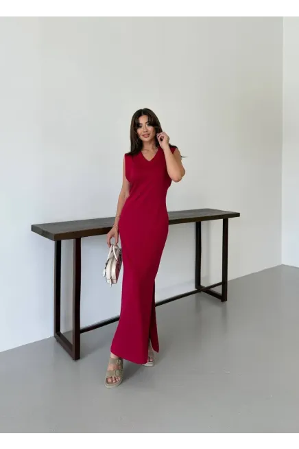 Modal Kumaş V Yaka Yırtmaçlı Elbise Bordo