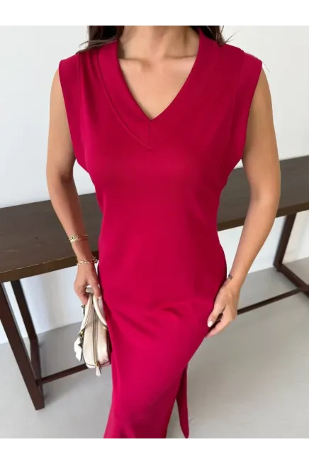 Modal Kumaş V Yaka Yırtmaçlı Elbise Bordo