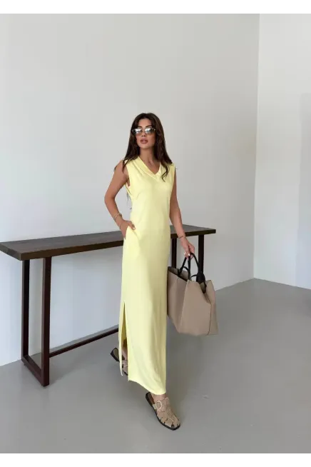 Modal Kumaş V Yaka Yırtmaçlı Elbise Sarı