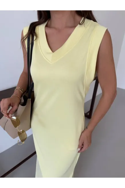 Modal Kumaş V Yaka Yırtmaçlı Elbise Sarı