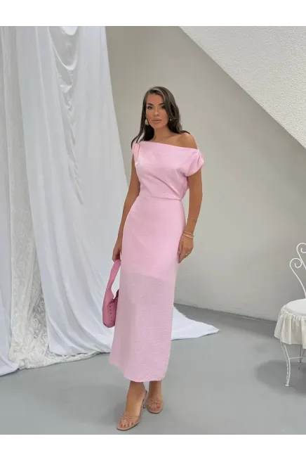 Omuz Detay Keten Elbise Pembe