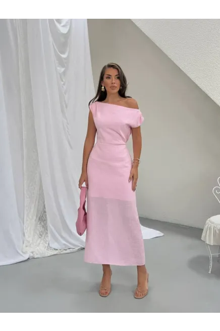 Omuz Detay Keten Elbise Pembe