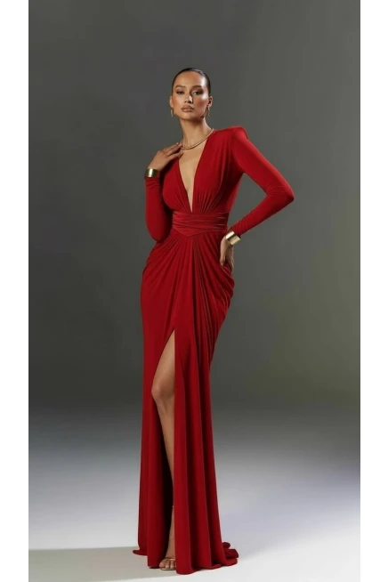 Omuz Vatkalı Drapeli Maxi Boy Elbise