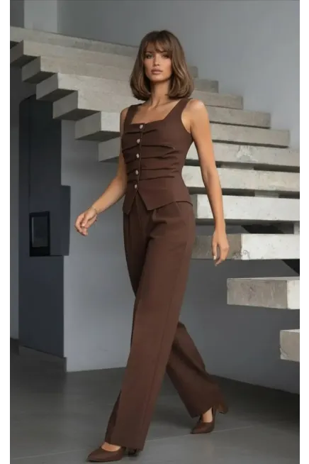 Ön Detay Yelekli Pantalon Takım Kahve