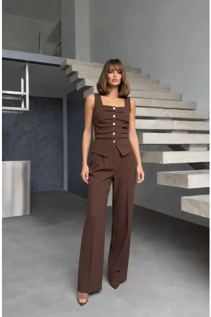 Ön Detay Yelekli Pantalon Takım Kahve