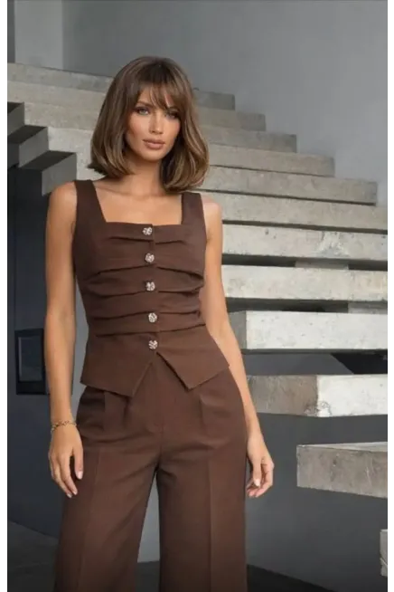 Ön Detay Yelekli Pantalon Takım Kahve