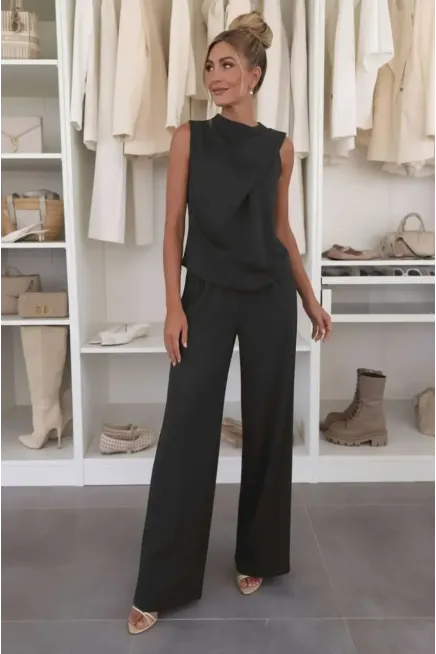 Önü Detaylı Bluz ve Pantalon Alt Üst Takım Siyah