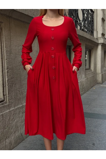 Ottoman Kumaş Düğme Detay Elbise Kırmızı