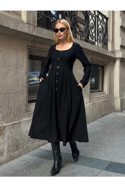 Ottoman Kumaş Düğme Detay Elbise Siyah