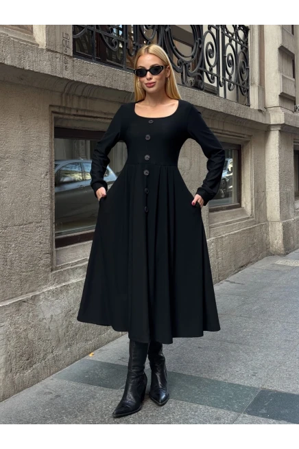 Ottoman Kumaş Düğme Detay Elbise Siyah