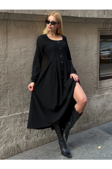 Ottoman Kumaş Düğme Detay Elbise Siyah