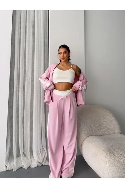 Oysh Kumaş Bel Lastikli Alt Üst Crop Üçlü Takım Pudra