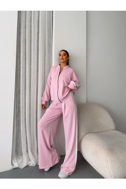 Oysh Kumaş Bel Lastikli Alt Üst Crop Üçlü Takım Pudra